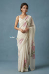 Festive Edit! Handloom Pure Linen Silk Saree with Floral Print in Pearl White