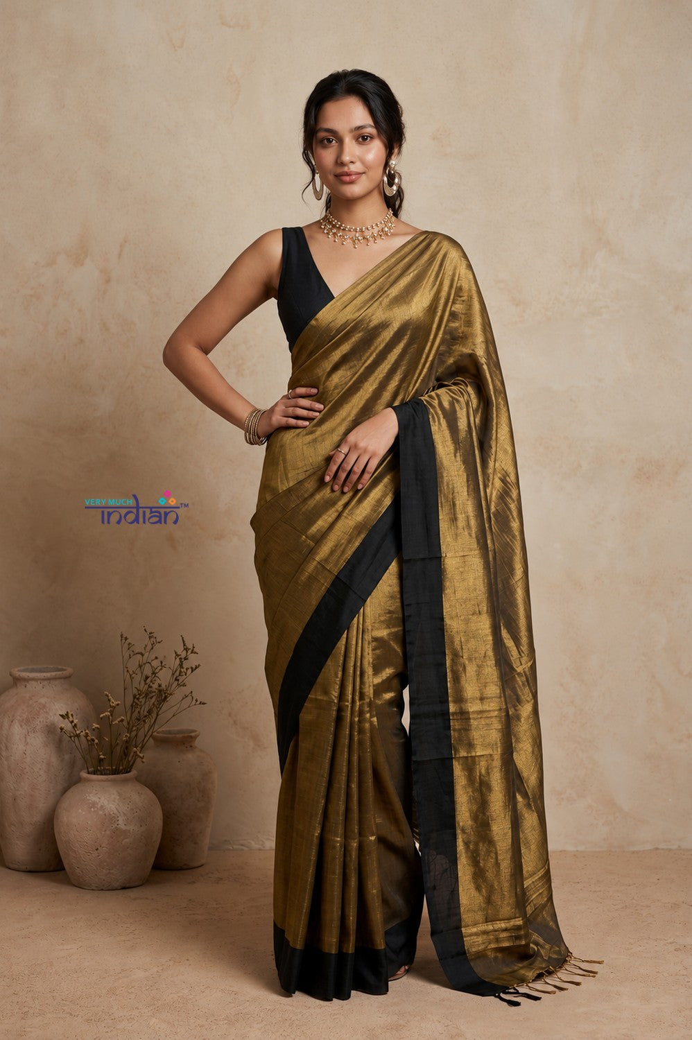 Tarang 2.0 ~ Designer Cotton Tissue Saree in Gold and Black