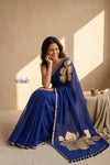 Mulmuli ~ Pure Handwoven Mul Cotton Saree with Handpaint Flora in Dark Blue