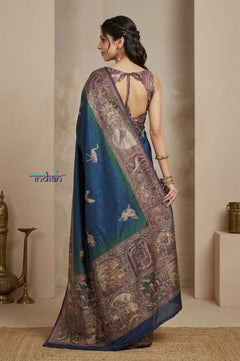 Bengal Gatha ~ Handloom Tussar Silk Saree with Floral Hand Embroidery in Azure Blue