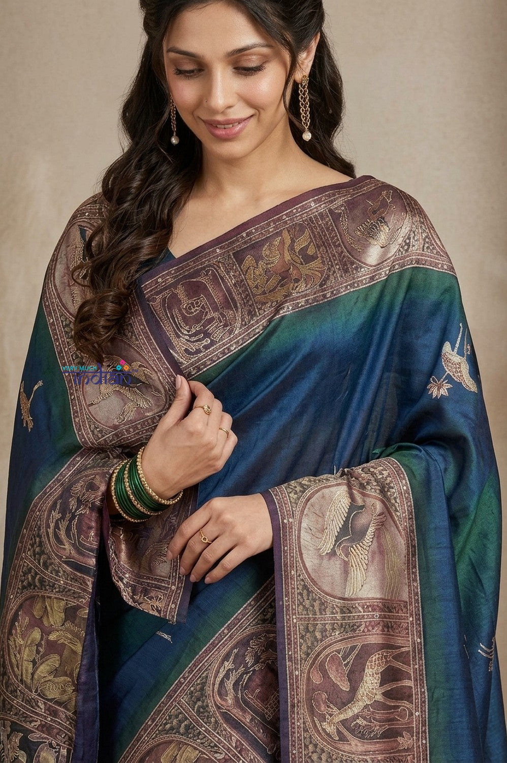 Bengal Gatha ~ Handloom Tussar Silk Saree with Floral Hand Embroidery in Azure Blue
