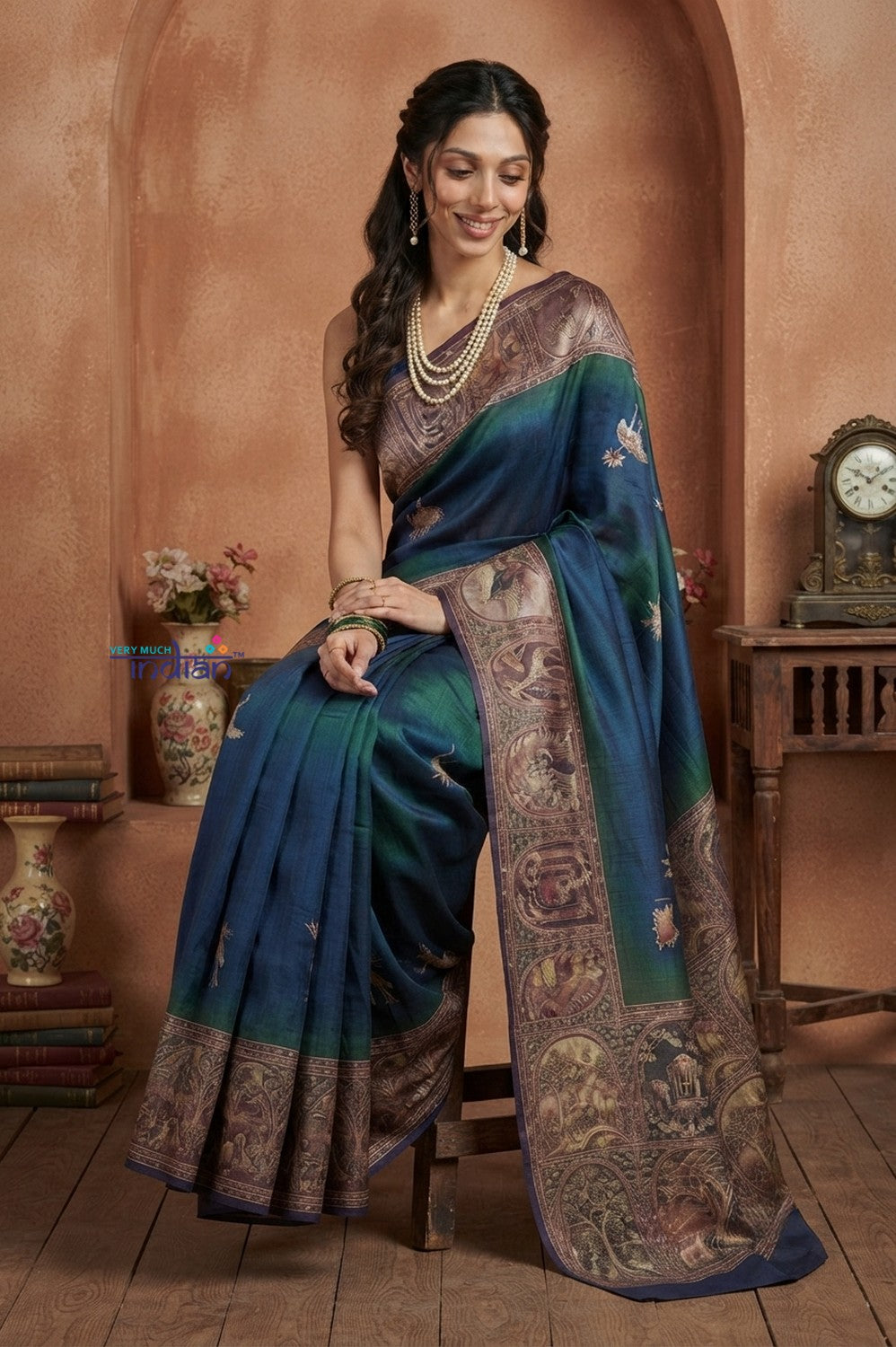 Bengal Gatha ~ Handloom Tussar Silk Saree with Floral Hand Embroidery in Azure Blue