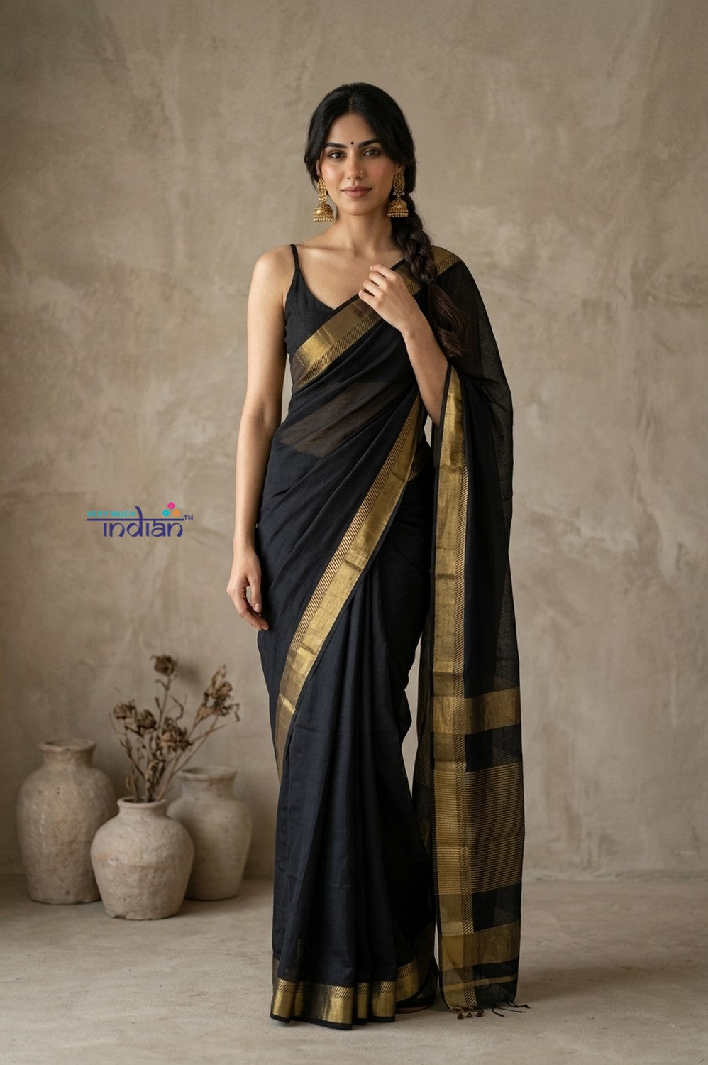 Tarang 2.0 ~ Designer Handloom Cotton Silk Saree in Black and Gold
