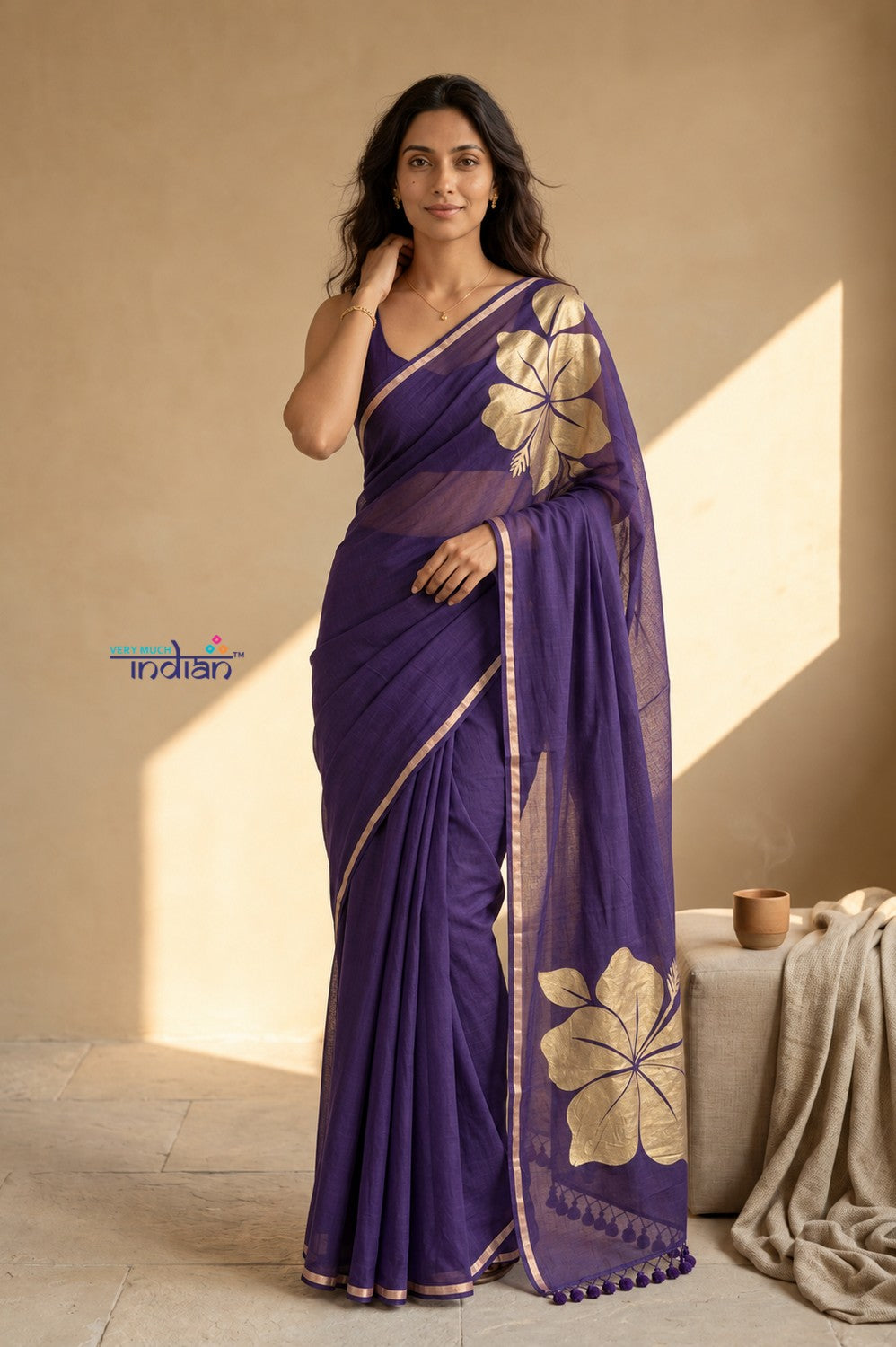 Mulmuli ~ Pure Handwoven Mul Cotton Saree with Handpaint Flora in Dark Purple