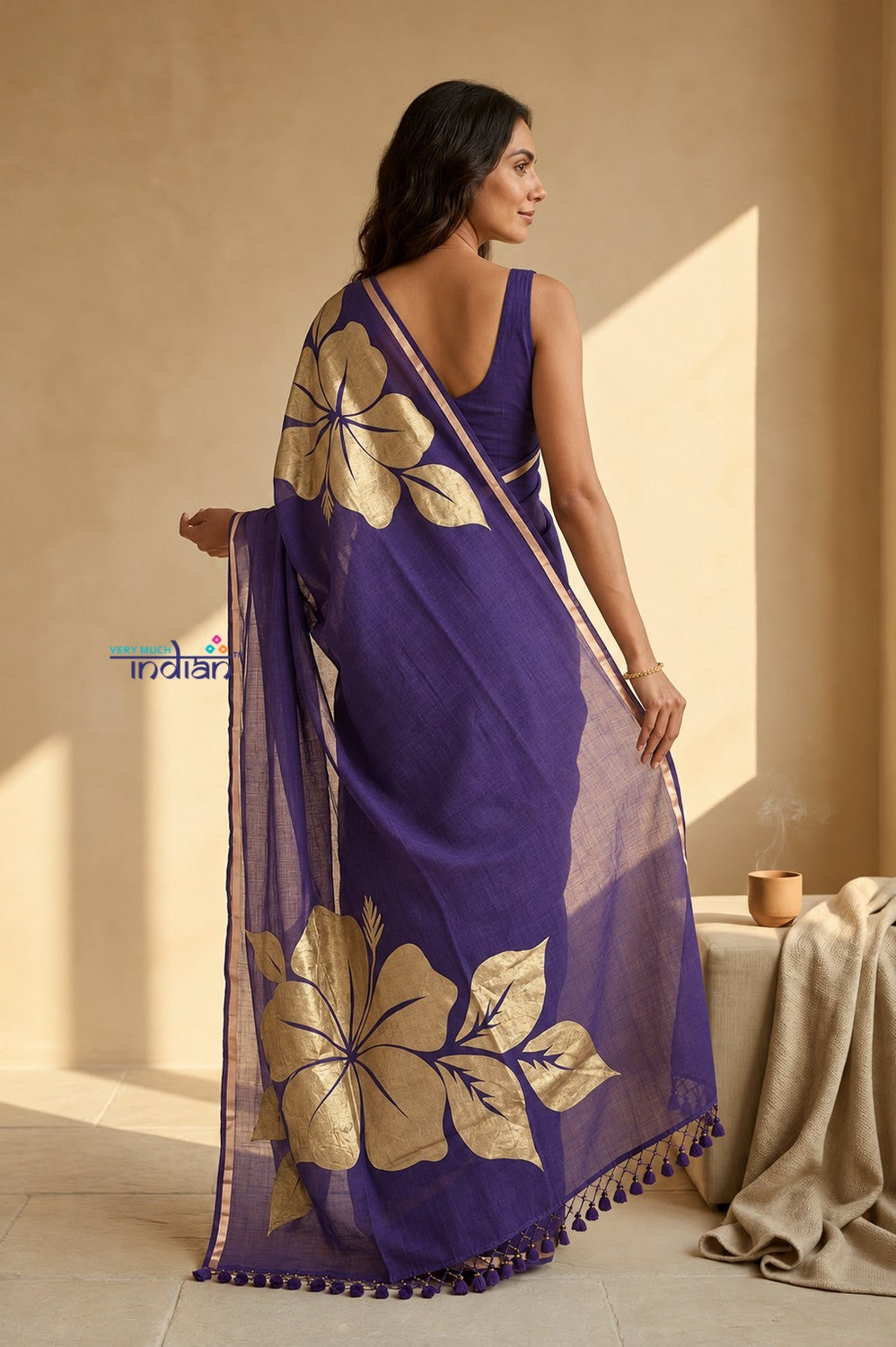 Mulmuli ~ Pure Handwoven Mul Cotton Saree with Handpaint Flora in Dark Purple