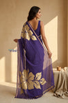 Mulmuli ~ Pure Handwoven Mul Cotton Saree with Handpaint Flora in Dark Purple