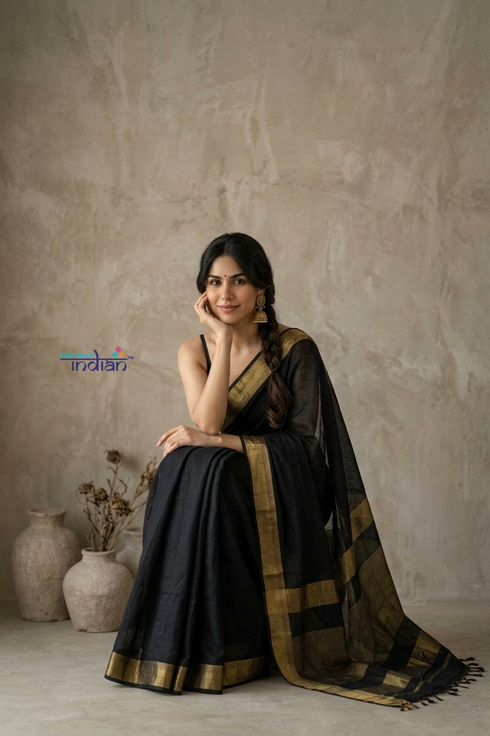 Tarang 2.0 ~ Designer Handloom Cotton Silk Saree in Black and Gold