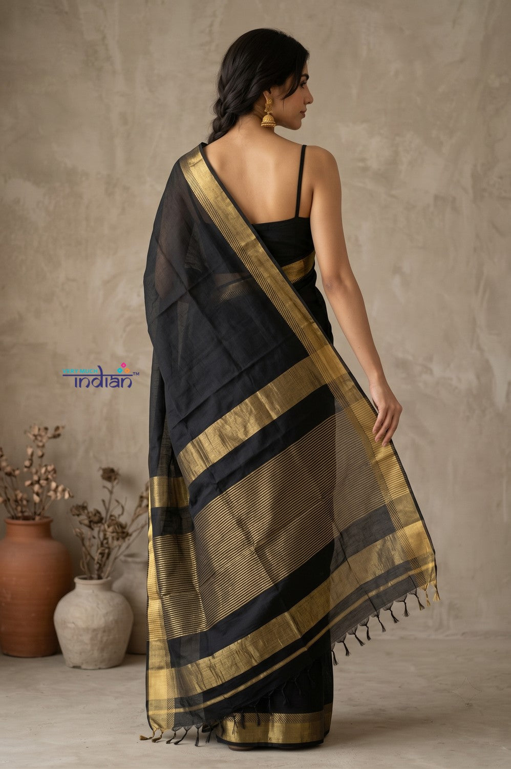 Tarang 2.0 ~ Designer Handloom Cotton Silk Saree in Black and Gold