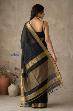 Tarang 2.0 ~ Designer Handloom Cotton Silk Saree in Black and Gold
