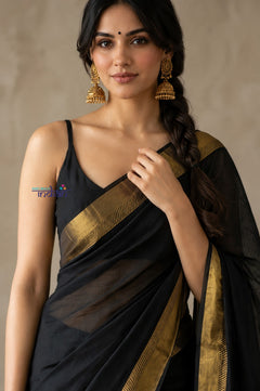 Tarang 2.0 ~ Designer Handloom Cotton Silk Saree in Black and Gold