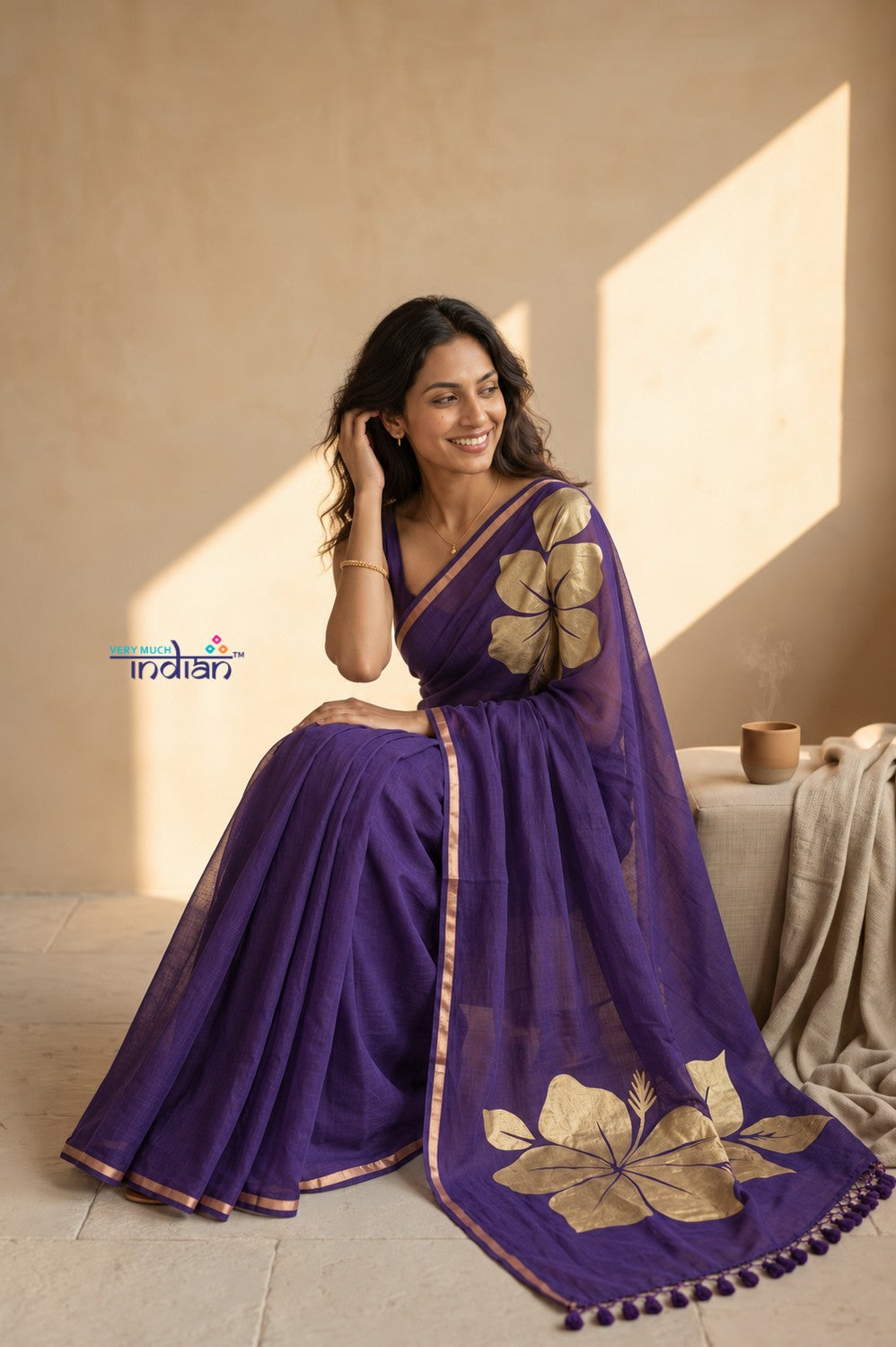 Mulmuli ~ Pure Handwoven Mul Cotton Saree with Handpaint Flora in Dark Purple