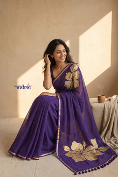 Mulmuli ~ Pure Handwoven Mul Cotton Saree with Handpaint Flora in Dark Purple
