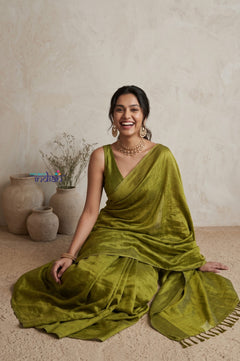 Tarang 2.0 ~ Designer Handloom Cotton Tissue Saree in Olive Green