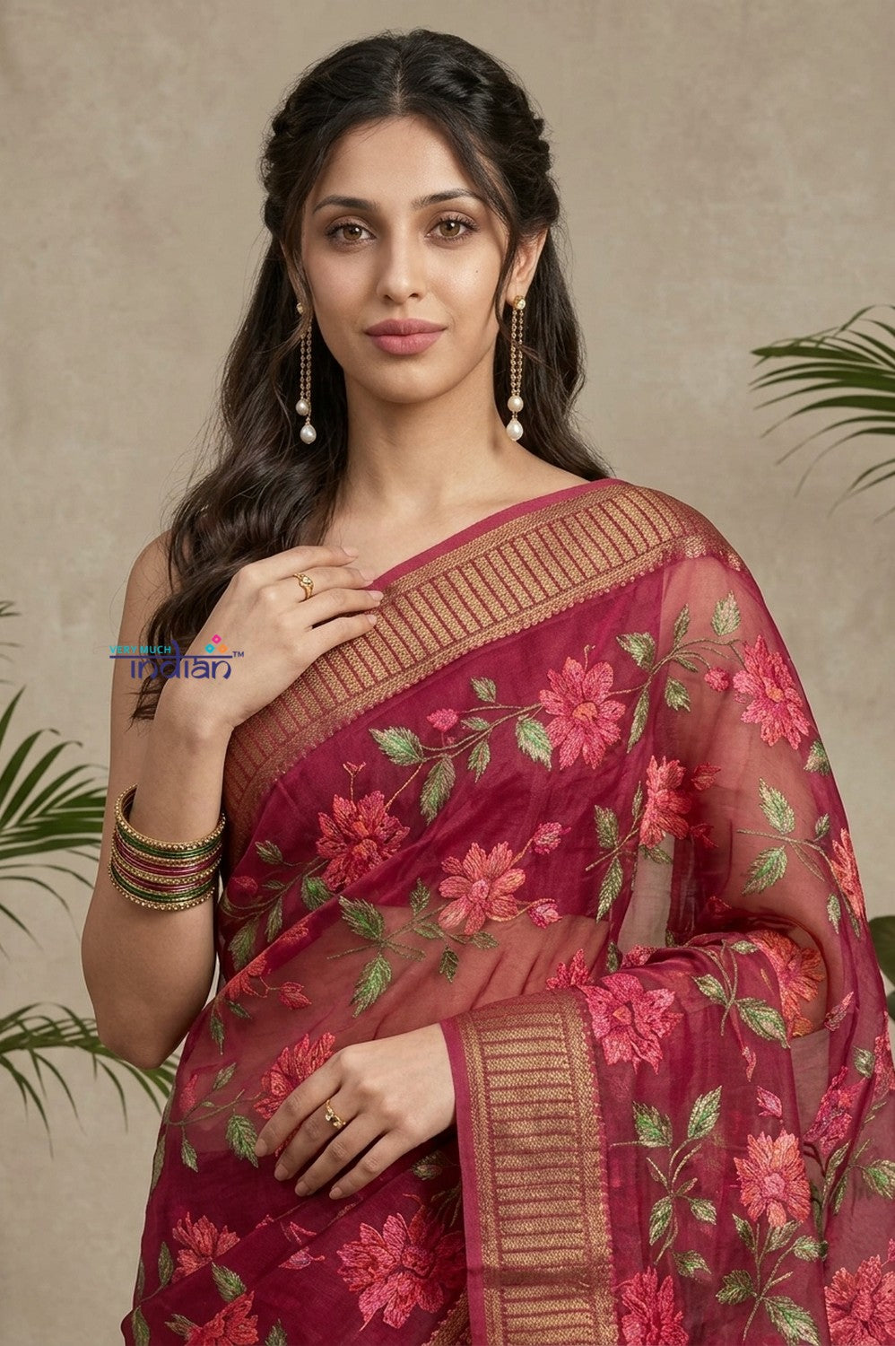 Bengal Gatha ~ Handloom Chanderi Cotton Saree in Maroon with Floral Print