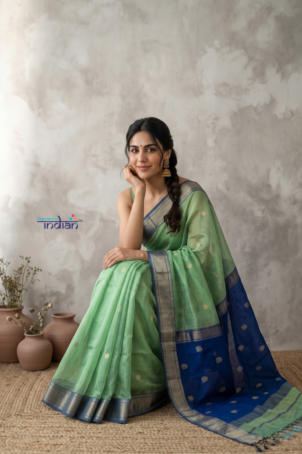 Tarang 2.0 ~ Designer Handloom Cotton Silk Saree in Pastel Green and Blue