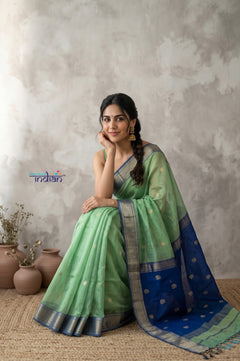 Tarang 2.0 ~ Designer Handloom Cotton Silk Saree in Pastel Green and Blue