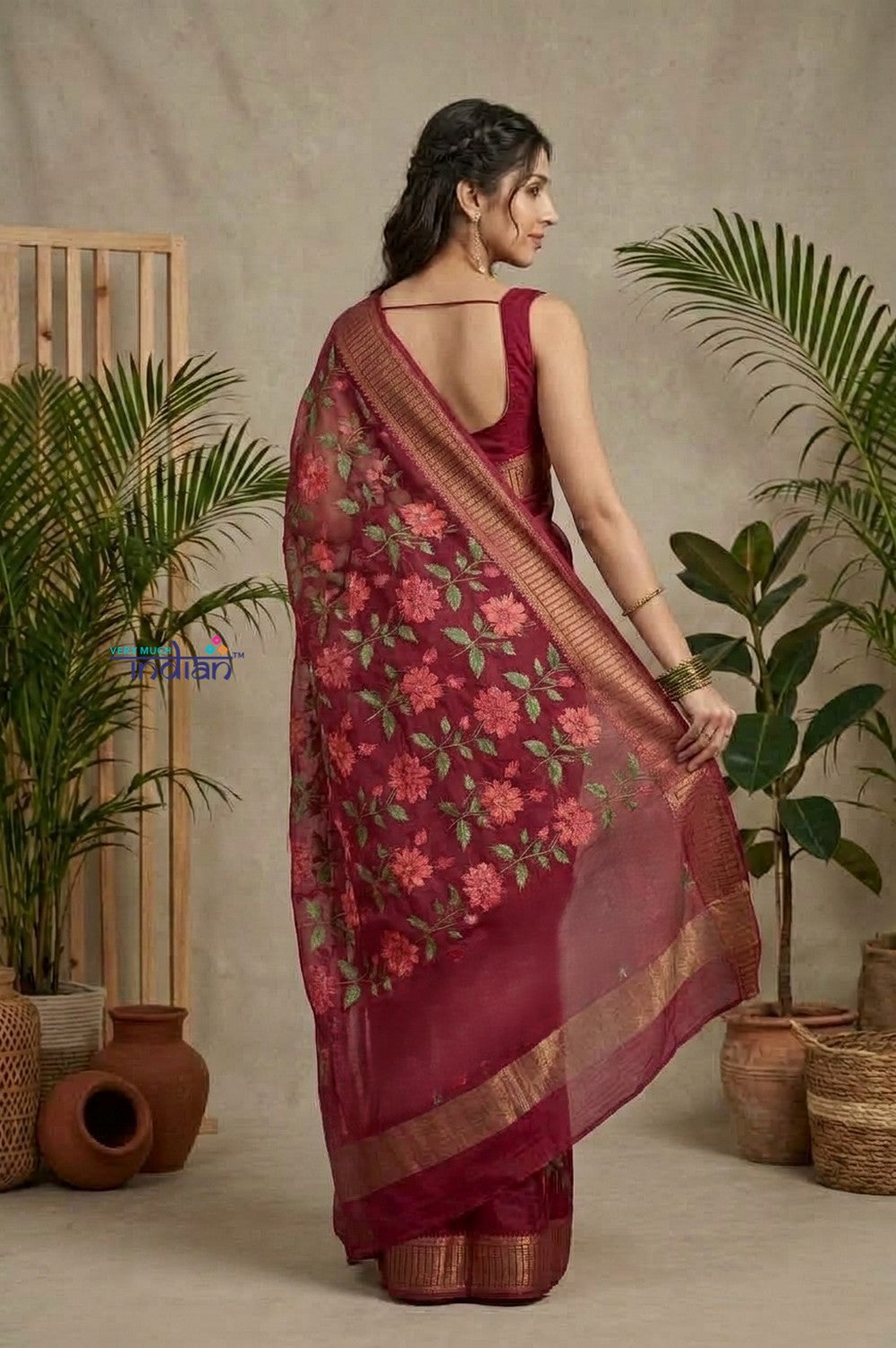 Bengal Gatha ~ Handloom Chanderi Cotton Saree in Maroon with Floral Print