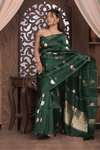 Kashi ~ Handloom Pure Silk High Quality Kora Saree in Bottle Green with Buttis (Silk Mark Certified)