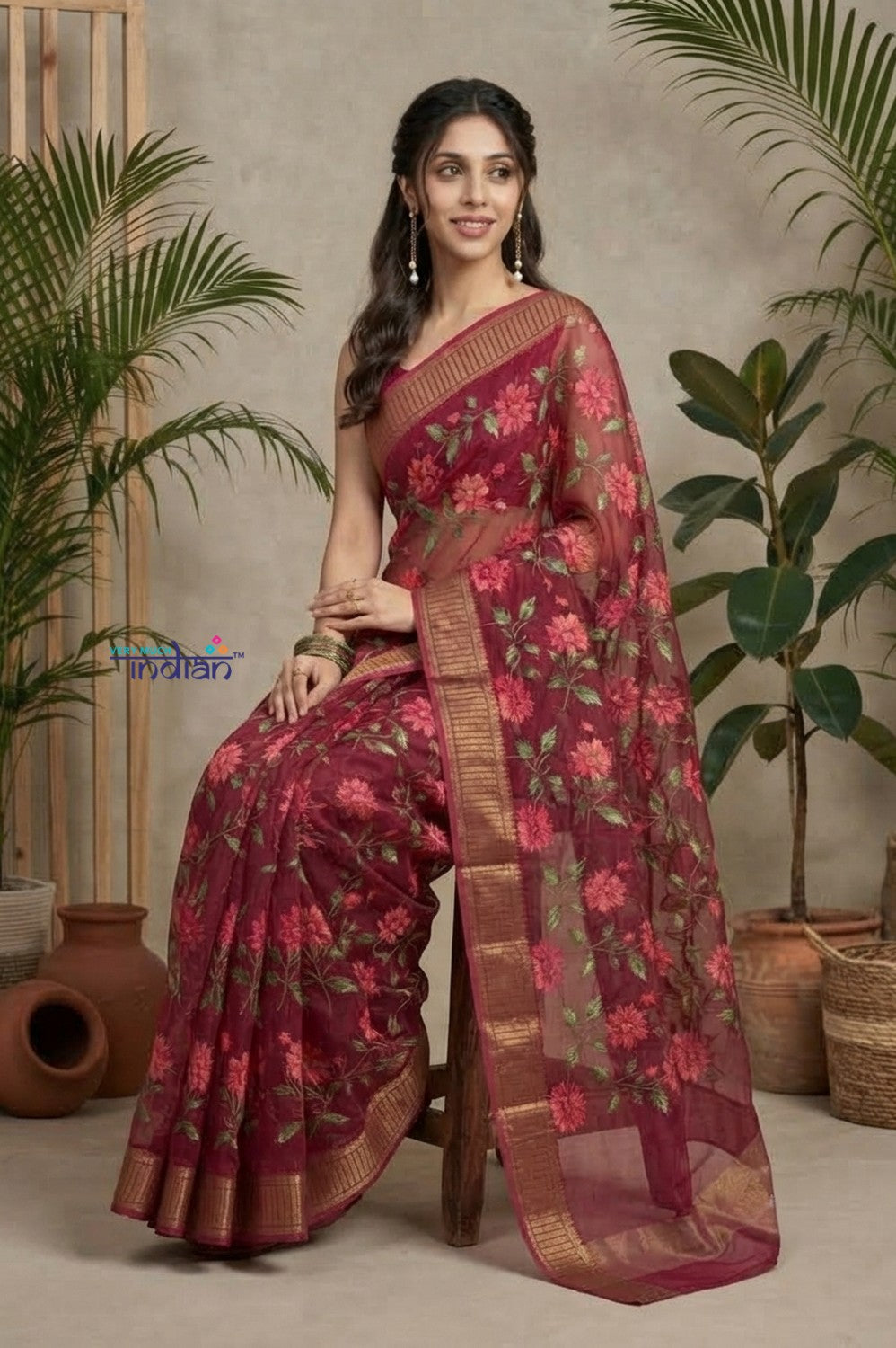 Bengal Gatha ~ Handloom Chanderi Cotton Saree in Maroon with Floral Print