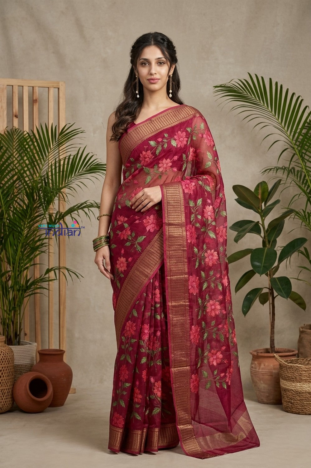 Bengal Gatha ~ Handloom Chanderi Cotton Saree in Maroon with Floral Print