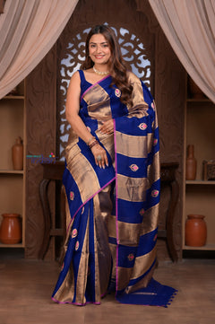 Kashi ~ Handloom Pure Tissue Silk Kora Saree in Royal Blue Gold with PaIsley Buttis (Silk Mark Certified)