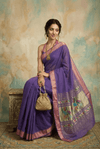 Virasat 2.0 ~ Handloom Pure Cotton Paithani With Asawali, Lotus & Peacock Pallu ~ Royal Purple