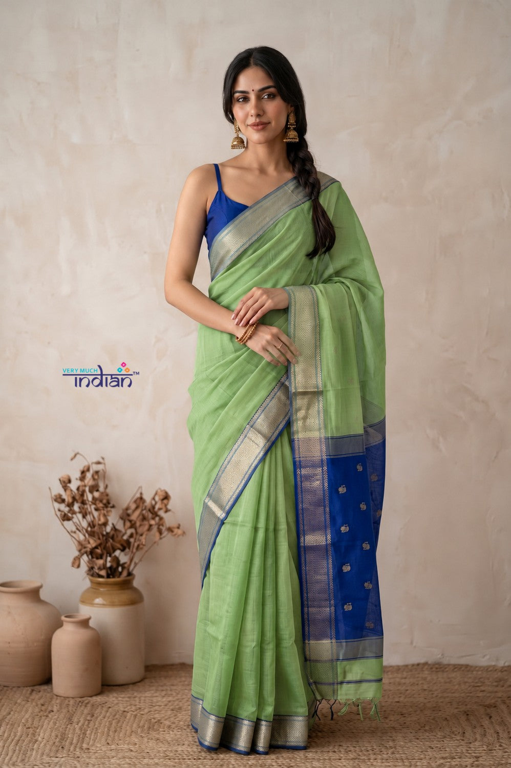 Tarang 2.0 ~ Designer Handloom Cotton Silk Saree in Pastel Green and Blue