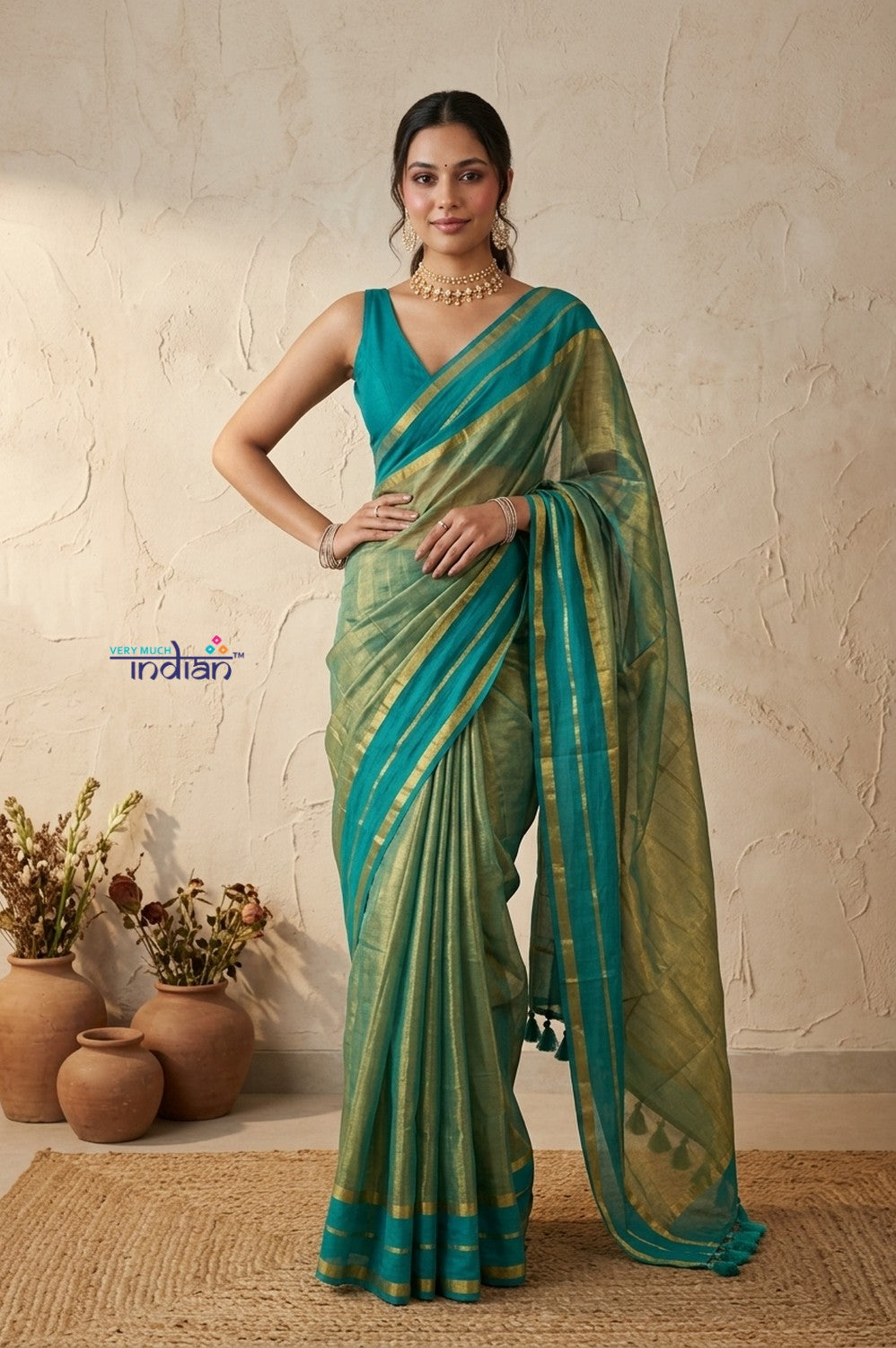 Tarang 2.0 ~ Designer Handloom Cotton Tissue Saree in Turquoise Blue