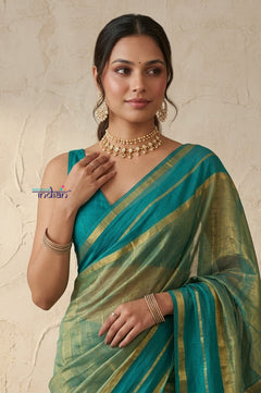 Tarang 2.0 ~ Designer Handloom Cotton Tissue Saree in Turquoise Blue