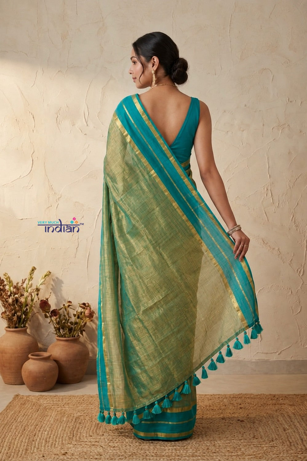 Tarang 2.0 ~ Designer Handloom Cotton Tissue Saree in Turquoise Blue