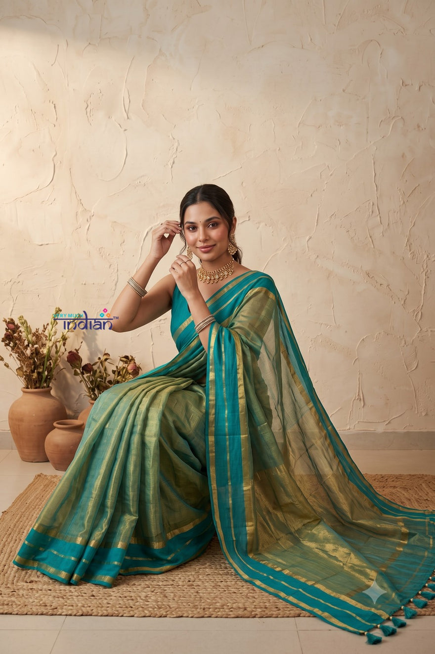Tarang 2.0 ~ Designer Handloom Cotton Tissue Saree in Turquoise Blue