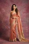 Chandani Chanderi ~ Handwoven Pure Silk Chanderi Saree In Peach Orange - Govt. Silk Mark Certified