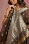 Chandani Chanderi ~ Handwoven Pure Silk Chanderi Saree In Taupe Brown - Govt. Silk Mark Certified