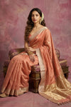 Chandani Chanderi ~ Handwoven Pure Silk Chanderi Saree In Peach Orange - Govt. Silk Mark Certified