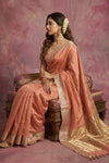 Chandani Chanderi ~ Handwoven Pure Silk Chanderi Saree In Peach Orange - Govt. Silk Mark Certified