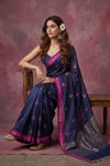 Chandani Chanderi ~ Handwoven Pure Silk Chanderi Saree In Navy Blue - Govt. Silk Mark Certified