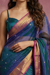 Chandani Chanderi ~ Handwoven Pure Silk Chanderi Saree In Dual tone Peacock Blue  - Govt. Silk Mark Certified