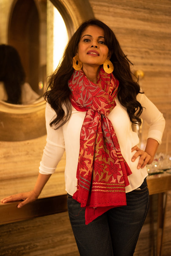 Namita's Favourite~ Handloom Pure Cotton Stoles With Delicate Kantha Hand Embroidery purple