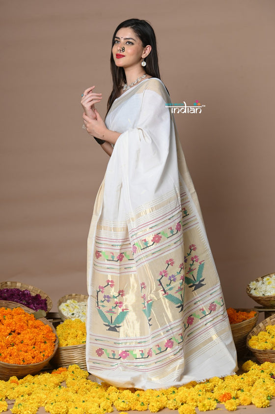 Rajsi Topselling~Handloom Pure Cotton Paithani With Asawali Pallu~ Off White Golden