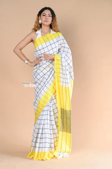  Handloom Pure Linen Saree With Geometric Checks~White Yellow