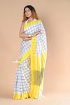 Handloom Pure Linen Saree With Geometric Checks~White Yellow