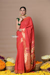 Rajsi~ Handloom Pure Cotton Muniya Border Saree WIth Handcrafted Pallu in Red