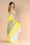 Handloom Pure Linen Saree With Geometric Checks~White Yellow