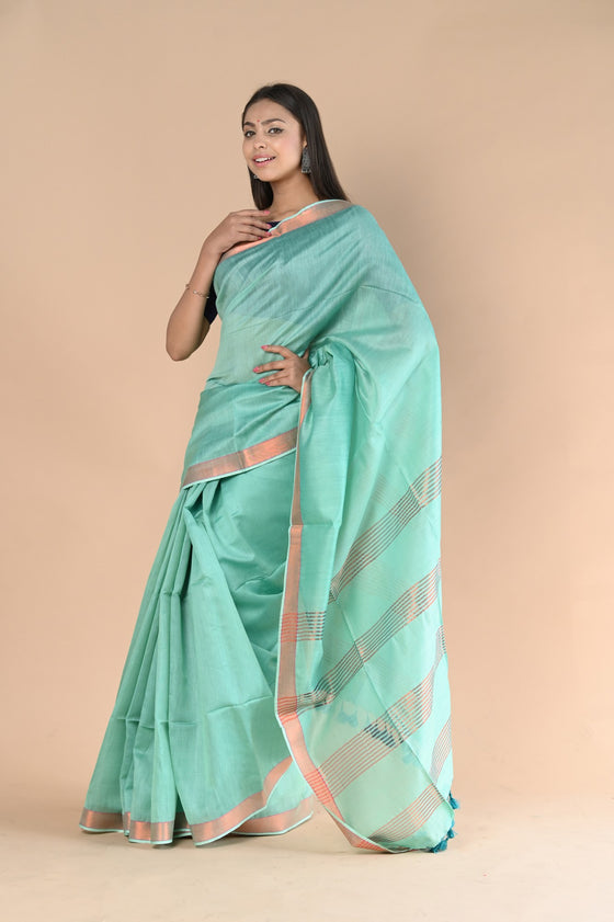 Handloom Cotton Silk Saree With Sleek Golden Border~teal green