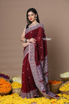 Rajsi ~ Handloom Pure Cotton Saree with Hand-embroidered Symmetric Border~ Maroon