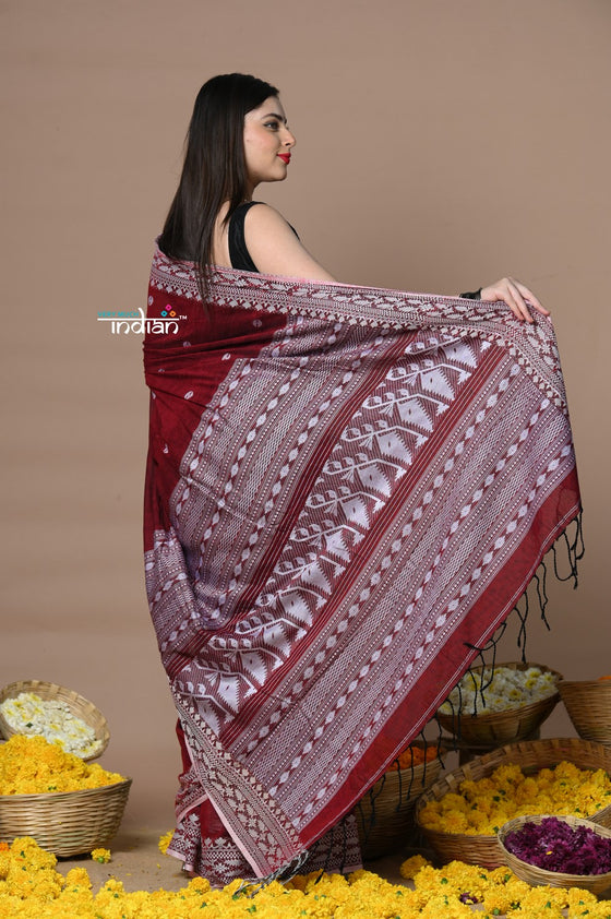Rajsi ~ Handloom Pure Cotton Saree with Hand-embroidered Symmetric Border~ Maroon