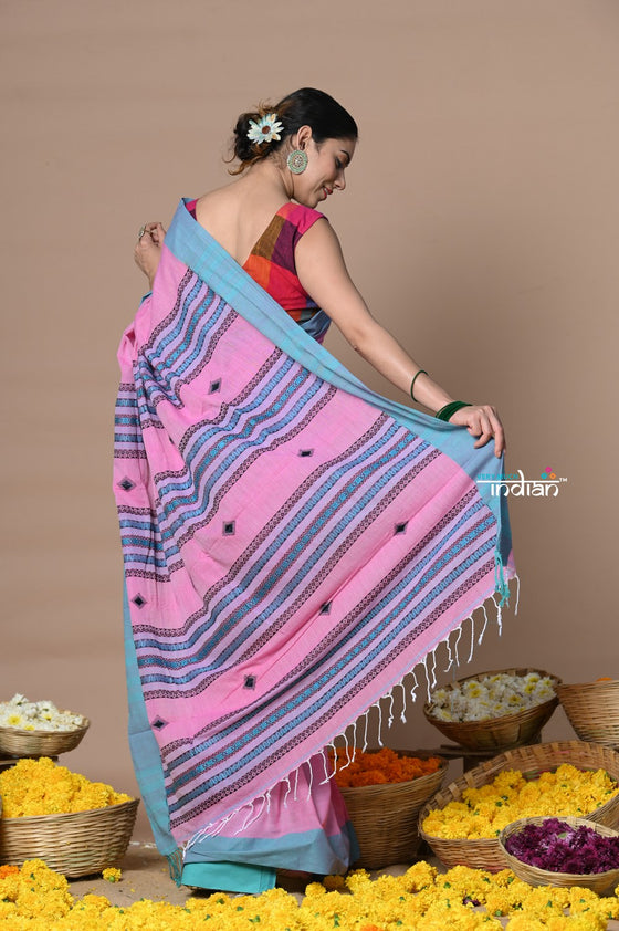 Rajsi ~ Handloom Pure Cotton Saree with Classic Border and Pallu~ Pink