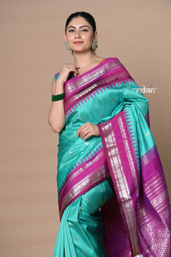 Rajsi~ Traditional Handloom Pure Silk Gadwal Sky Blue with Contrast Silver Border with Temple Zari