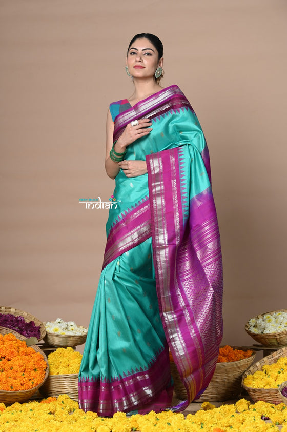 Rajsi~ Traditional Handloom Pure Silk Gadwal Sky Blue with Contrast Silver Border with Temple Zari