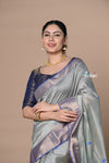 Rajsi~Handloom Ari Checks Cotton Silk Saree with Golden Border~Grey
